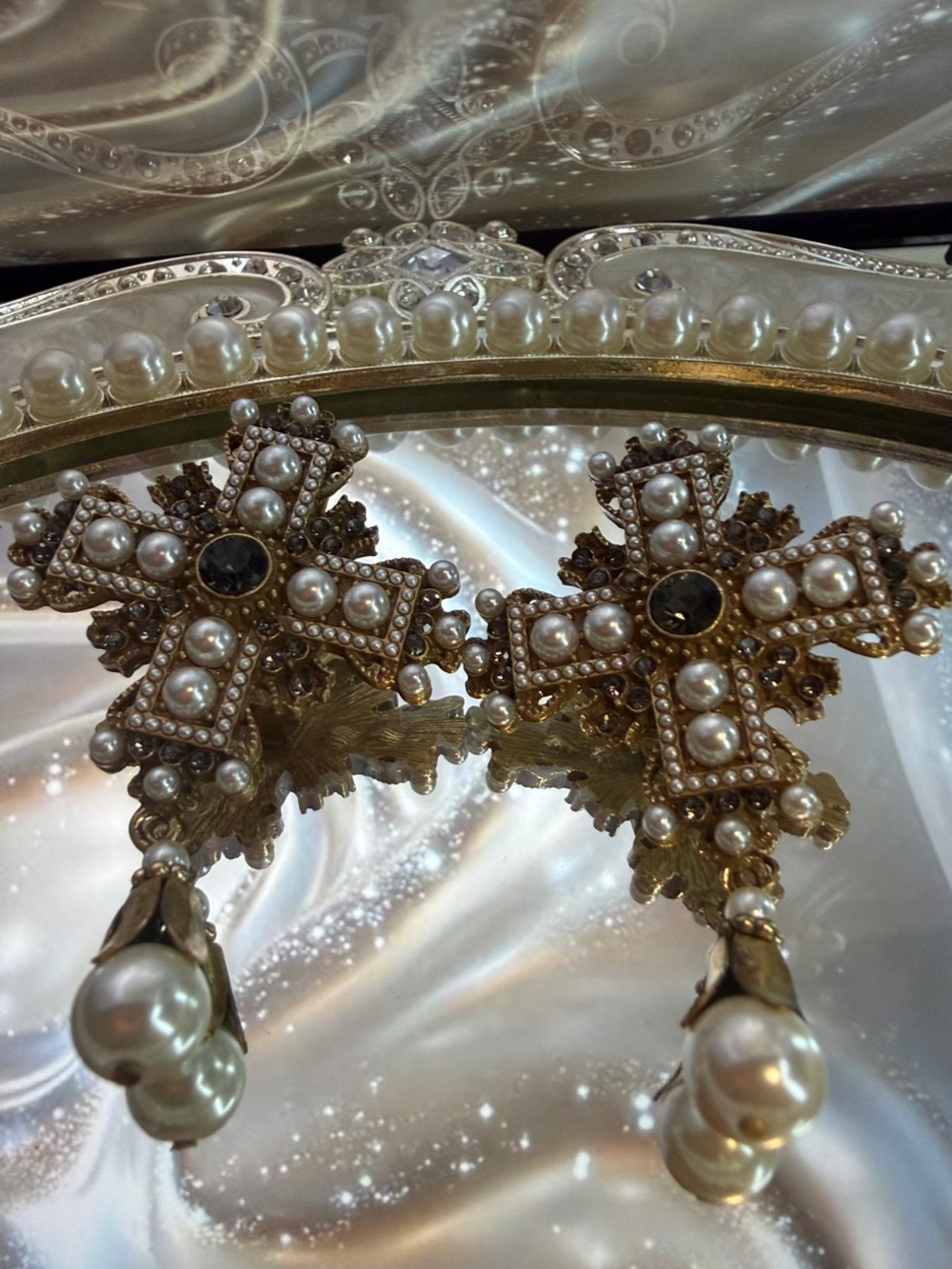 Gold-Tone Pearl Cross Drop Earrings with Black Stone Accents